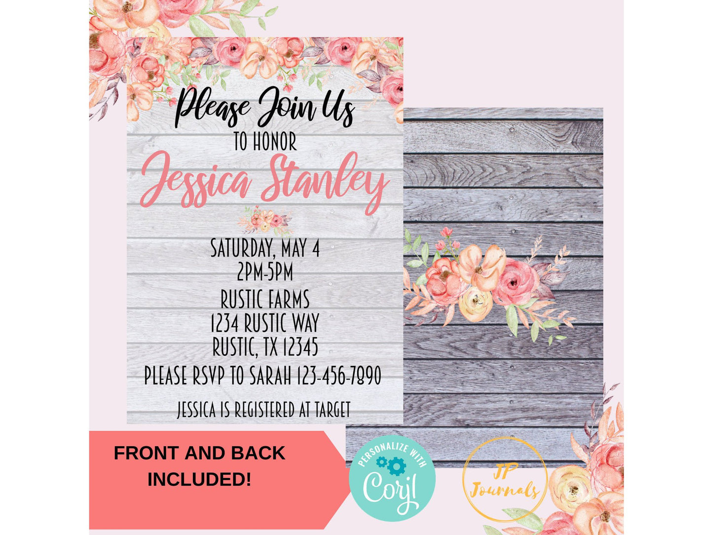Pretty Watercolor Flowers Wood Rustic Baby Shower Invitation - DIY Editable Customized Printable Invite - Boho Chic Spring Garden Theme