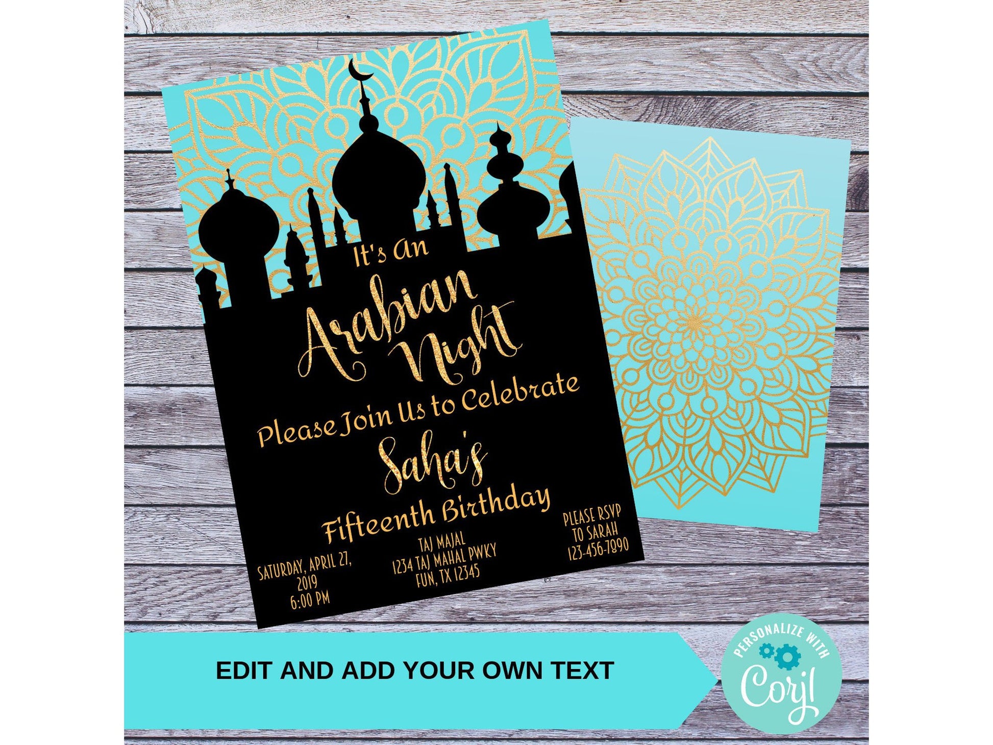 Teal and Gold Arabian Night Birthday Party Invitation 