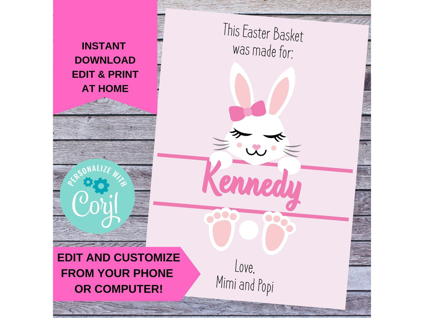 Easter Basket Label Tag Card - Printable - Edit &  Print at Home - Cute Girl Easter Bunny with Bow - Customized Easter Basket Tag for Girls