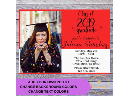 Custom 2019 Graduation Party Invitations with Photo DIY Editable Customized Download, Edit and Print at Home! ANY Color - Match Your School!