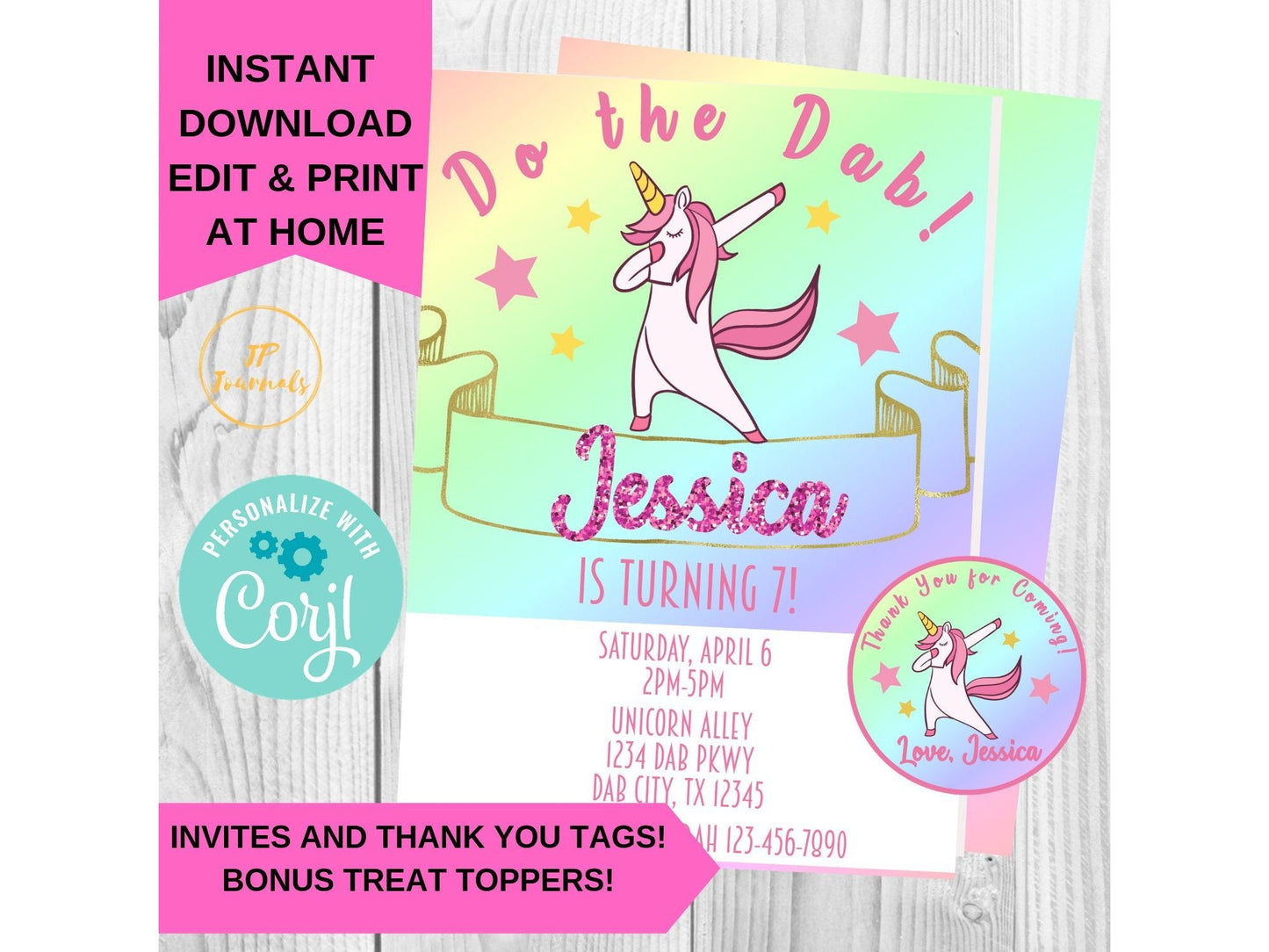 Dabbing Unicorn Rainbow Birthday Party Invitation & Favor Tags - DIY Edit and Customize Printable Invite - Download, Edit and Print at Home!