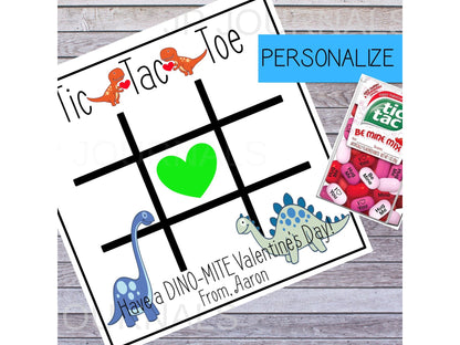 PERSONALIZED Dinosaur Valentine's Day Printable Tic Tac Toe Game Activity Card  Printable Valentine Cards (Great for Kids' School Parties)