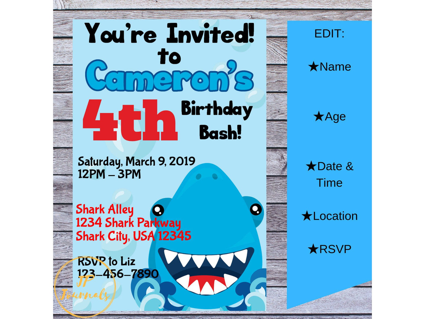 Shark Birthday Party Invitation for Boys and Girls  - DIY Edit Customize Printable Invite - Cool Cute for Kids who Love Sharks! Blue and Red