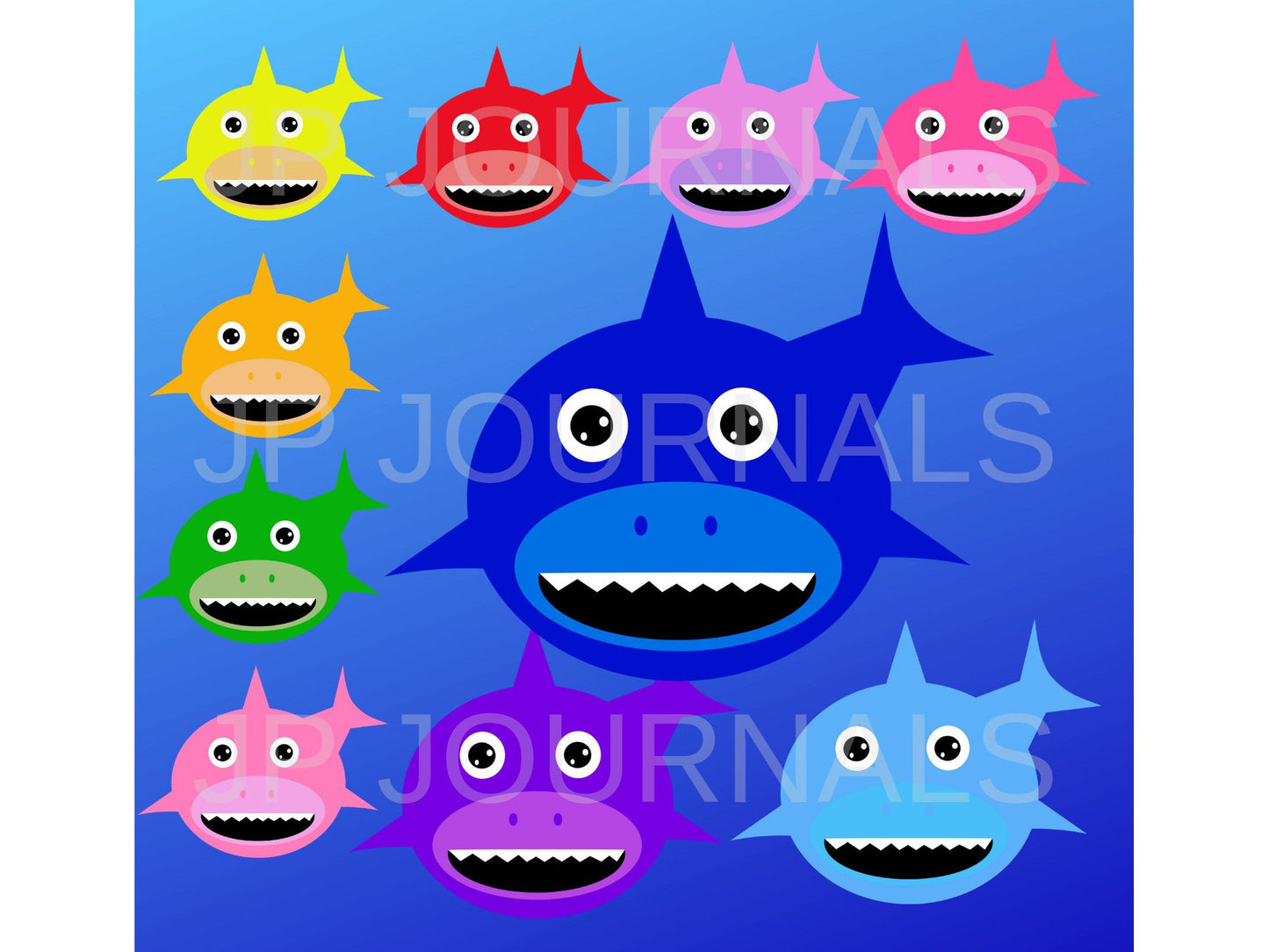 Colorful Baby Sharks (Shark Family) Clip Art - PNG - *INSTANT DOWNLOAD* Cute Baby Shark Family Purple Pink Blue Green Red Yellow Orange