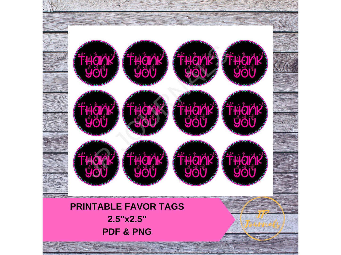 Unicorn Neon Glow Birthday Party Thank You Printable Party Favor Tags DIY Print at Home Label Favor Tags PDF PNG Pink Black Purple Green