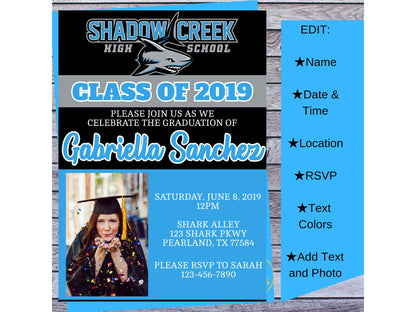 Shadow Creek High School Graduation Party Invitation - DIY Editable Customized - Download, Edit and Print at Home!  Add Your Own Photo