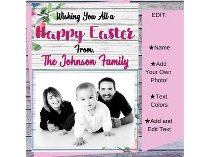Printable Happy Easter Card with Family Photo and Name - DIY Editable Customized - Download, Edit and Print at Home!  Add Your Own Photo