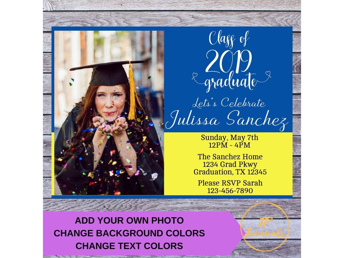 Custom 2019 Graduation Party Invitations with Photo DIY Editable Customized Download, Edit and Print at Home! ANY Color - Match Your School!