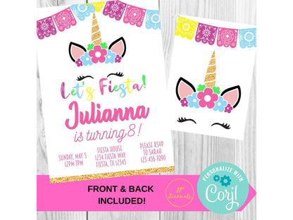 Fiesta Unicorn Cinco de Mayo Birthday Party Invitation for Girls - Download, Edit, Print at Home! BONUS Favor Tags - Pink and Gold