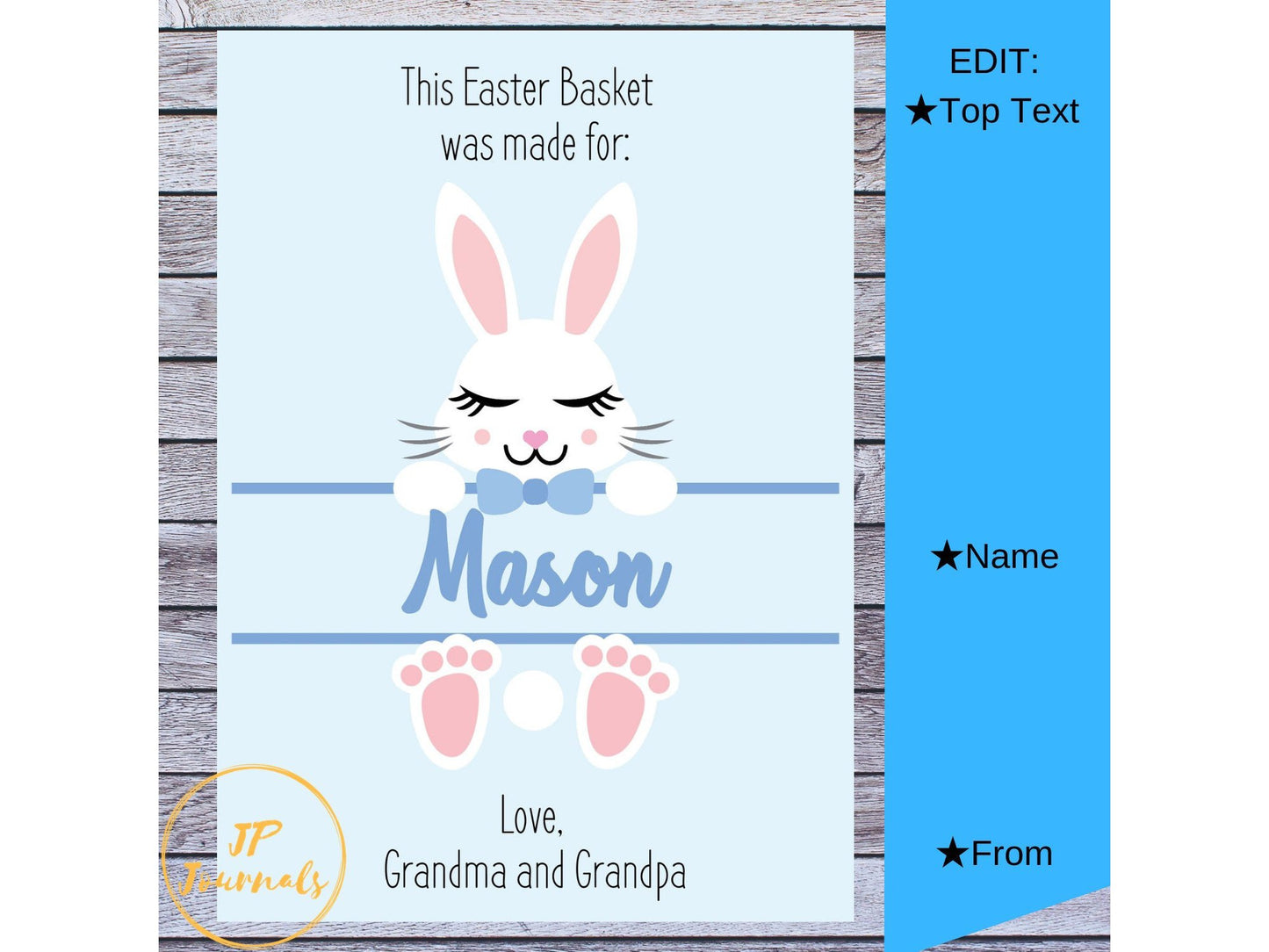 Easter Basket Label Tag Card - Printable  Edit &  Print at Home - Cute Boy Easter Bunny with Bow-Tie - Customized Easter Basket Tag for Boys