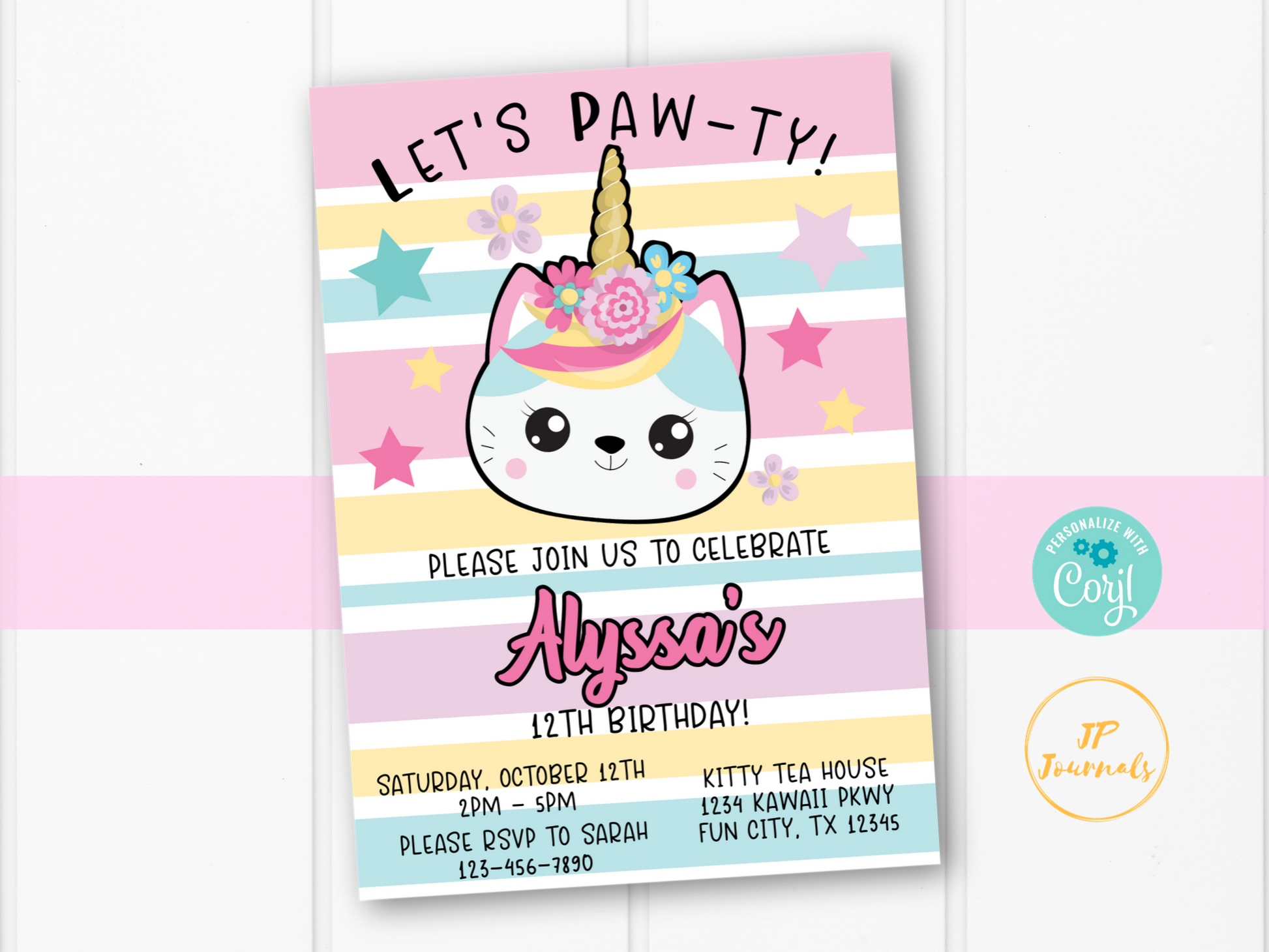 Kawaii Unicorn Kitty Cat Birthday Party Invitation Template