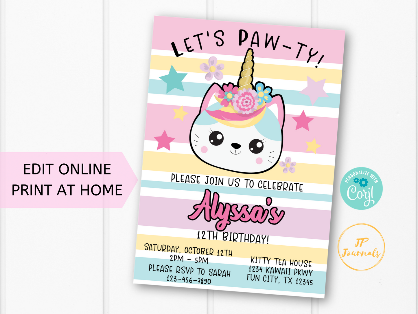 Kawaii Unicorn Kitty Cat Birthday Party Invitation Template