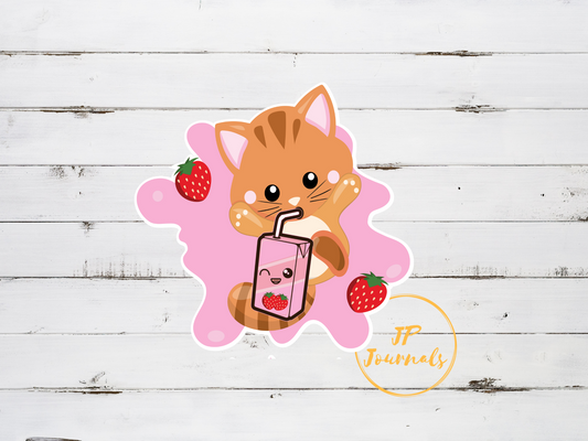 Cute Kawaii Kitty and Strawberry Milk Sticker for Cat and Anime Lovers
