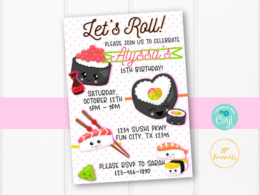 Kawaii Sushi Birthday Party Invitation Template - Anime Sushi Party for Girls