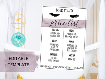 Printable Price List for Lash Boutique - Pricing Sheet - Eyelash Studio