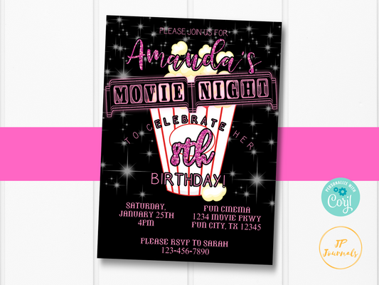 Girl Move Night Birthday Party Invitation Template - Edit Online Print at Home - Movie Theater Party Pink and Black Invite for Girls