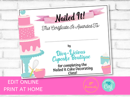 Nailed It Baking Party Certificate Template - Edit & Print - Printable Certificate - Cake Decorating Cupcake Class Birthday Party Completion