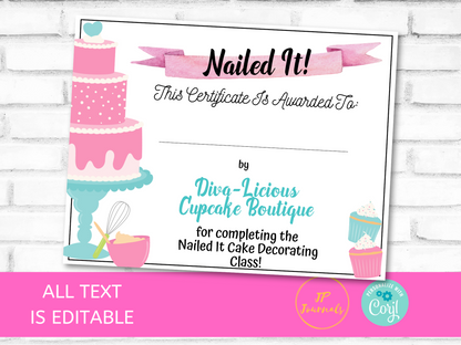 Nailed It Baking Party Certificate Template - Edit & Print - Printable Certificate - Cake Decorating Cupcake Class Birthday Party Completion