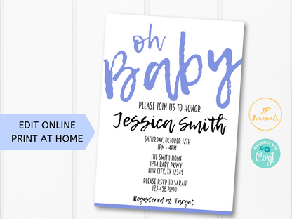 Oh Baby Printable Baby Shower Invitation Template - Simple Modern for a Boy