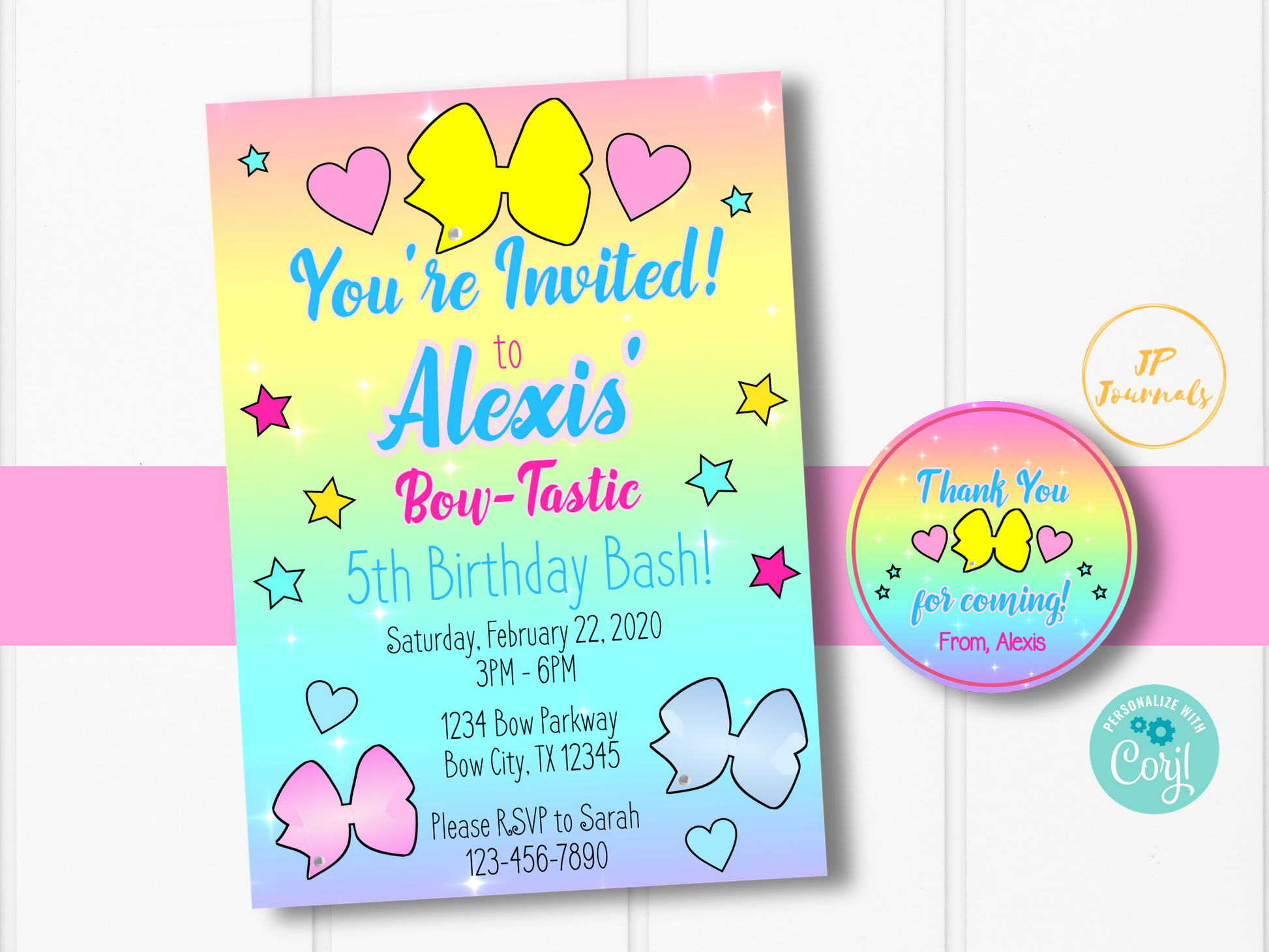 Pastel Bows Birthday Party Invitation for Girls Digital Template