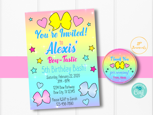 Pastel Bows Birthday Party Invitation for Girls Digital Template