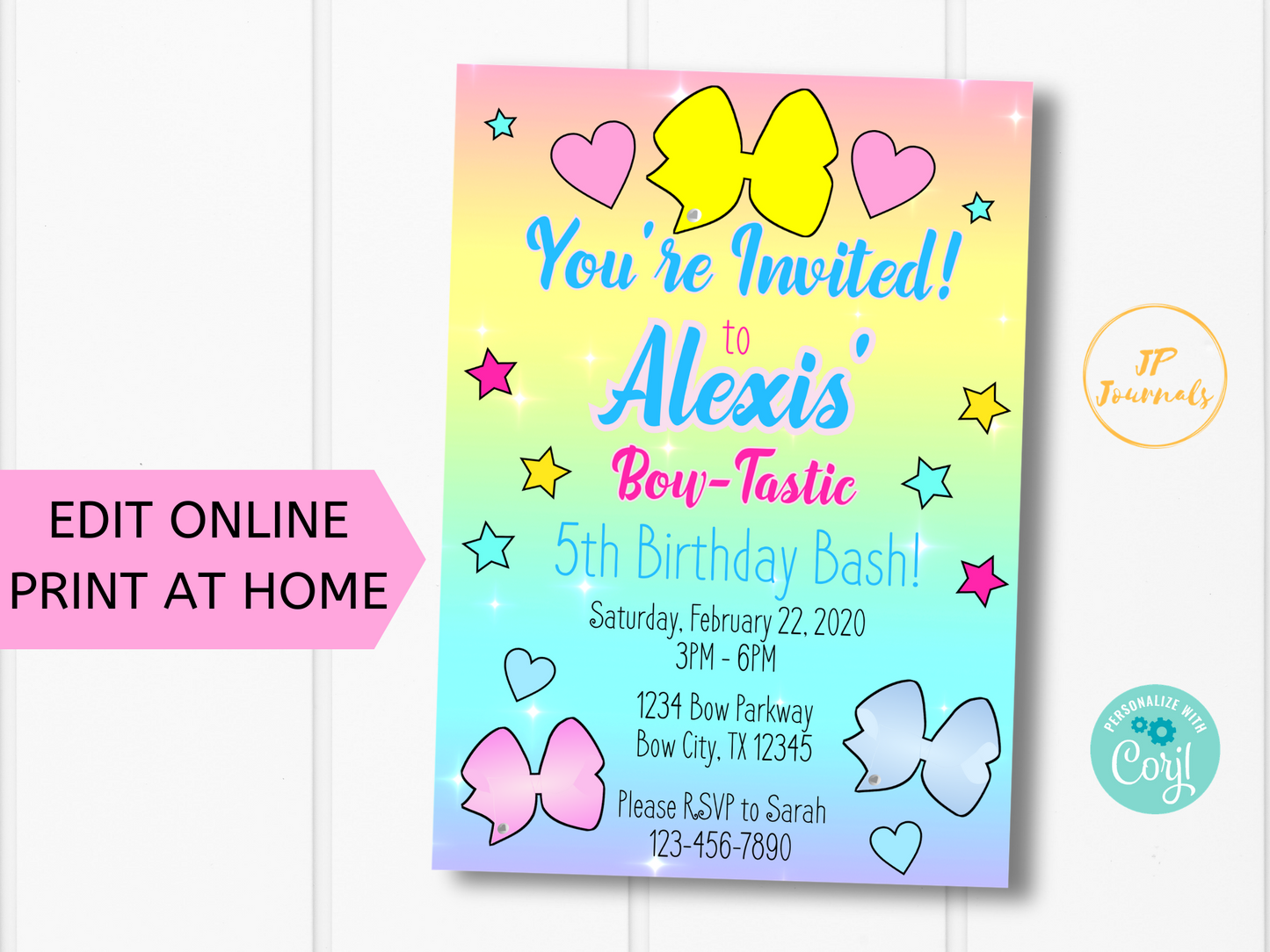 Pastel Bows Birthday Party Invitation for Girls Digital Template - Download, Edit and Print at Home!