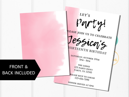 Pink Watercolor and Black Birthday Party Invitation Template