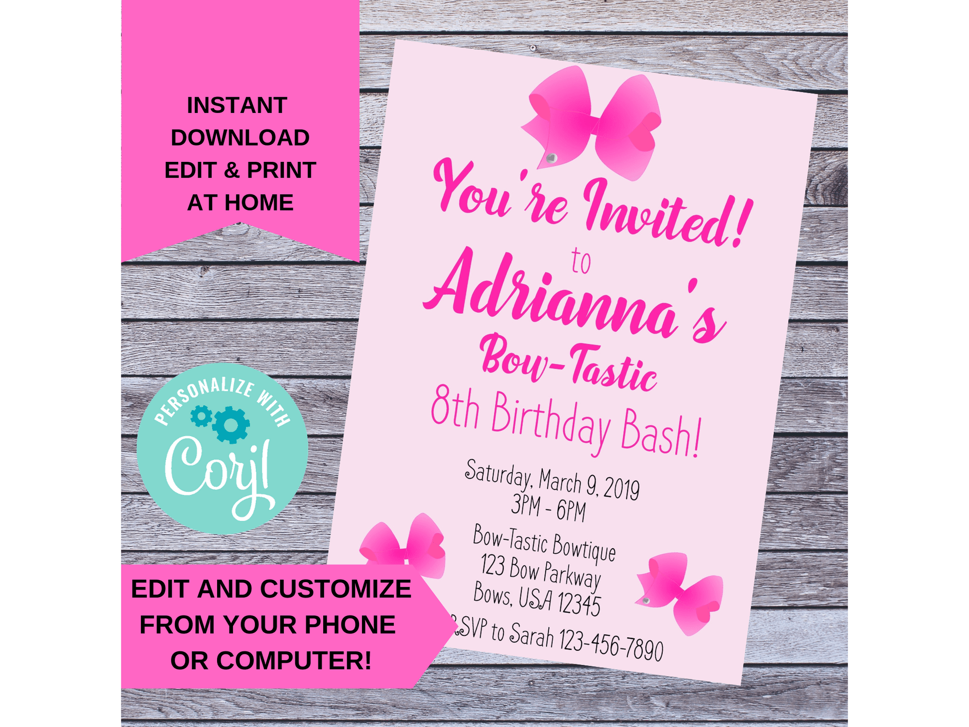 Pretty in Pink Bow Bow-Tastic Birthday Party Invitation for Girls
