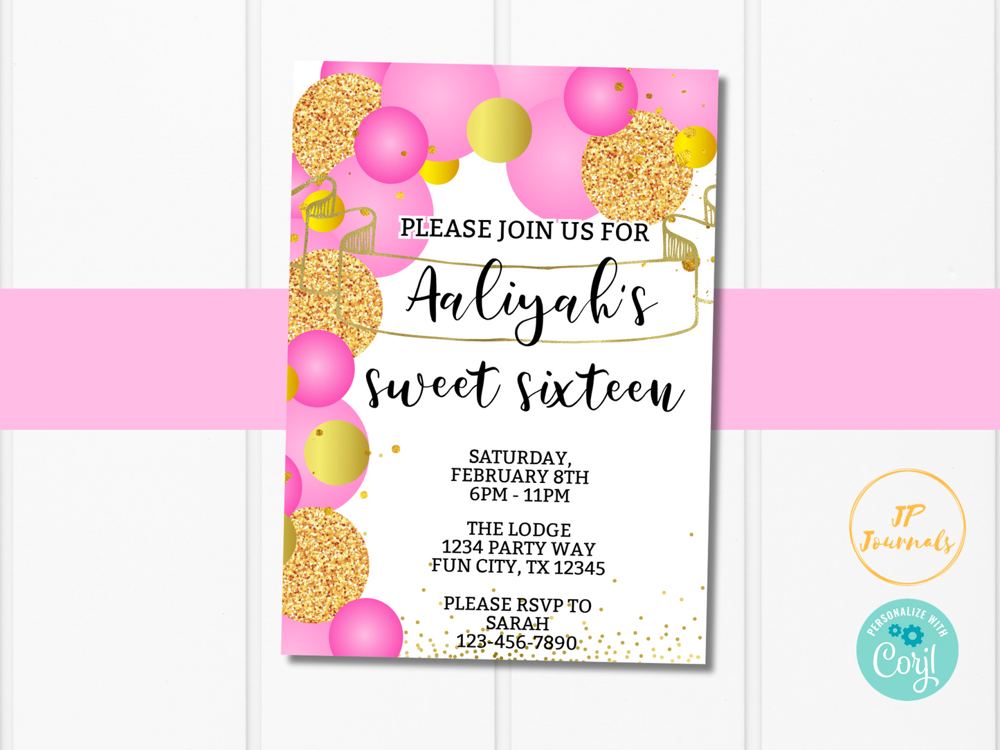 Printable Girl Birthday Party Invitation Template - Edit Online Print at Home - Pink Gold