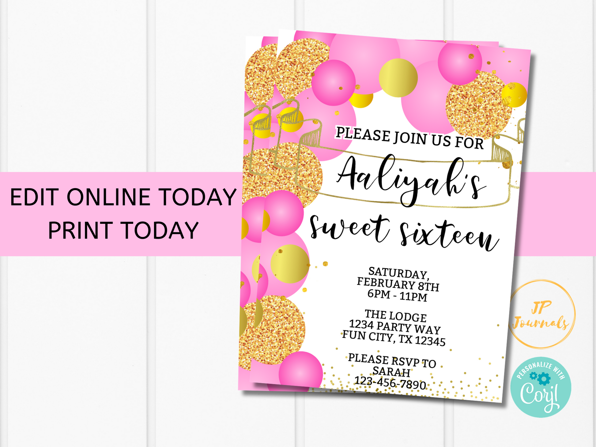 Printable Girl Birthday Party Invitation Template - Edit Online Print at Home - Pink Gold