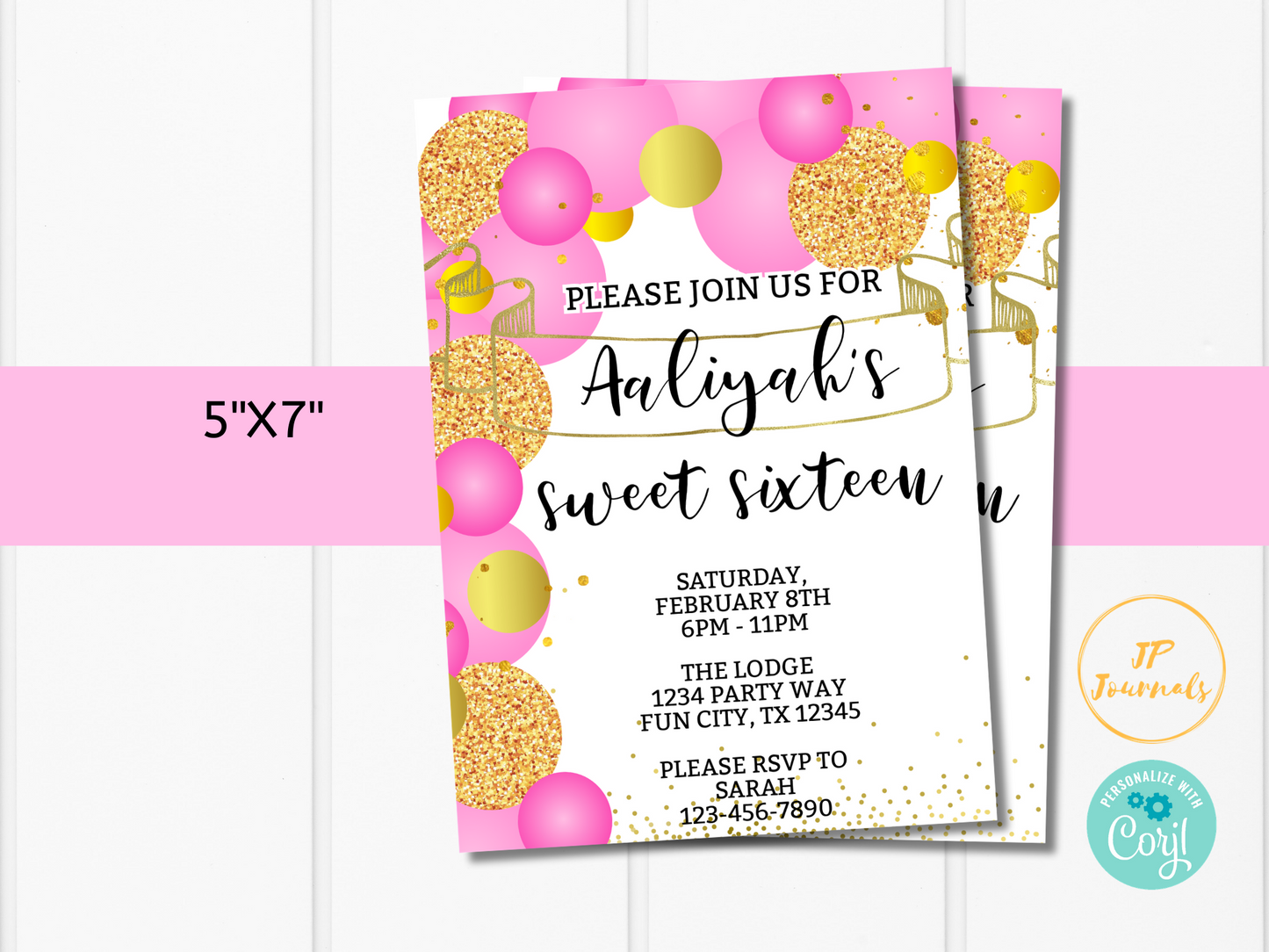Printable Girl Birthday Party Invitation Template - Edit Online Print at Home - Pink Gold Sweet Sixteen - Balloons Arch