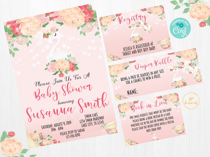 Pink Swan Baby Shower Invitation Printable Bundle 