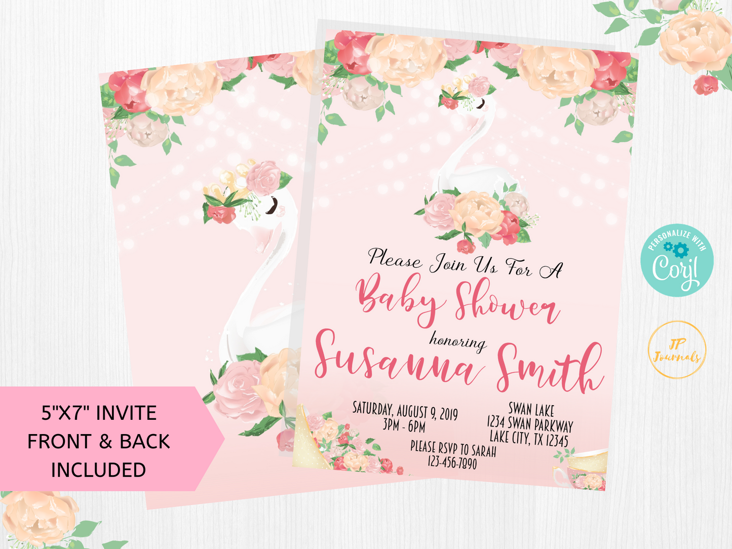 Pink Swan Baby Shower Invitation Printable Bundle 