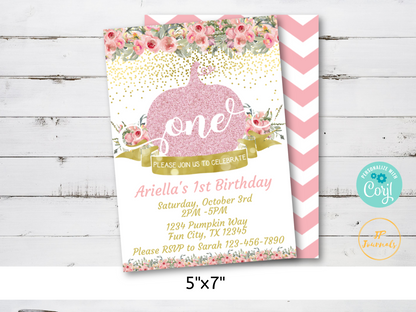 Pink and Gold Pumpkin 1st Birthday Party Invitation - DIY Edit Printable Invite - Download and Print! Fall Autumn Girl First Birthday Party