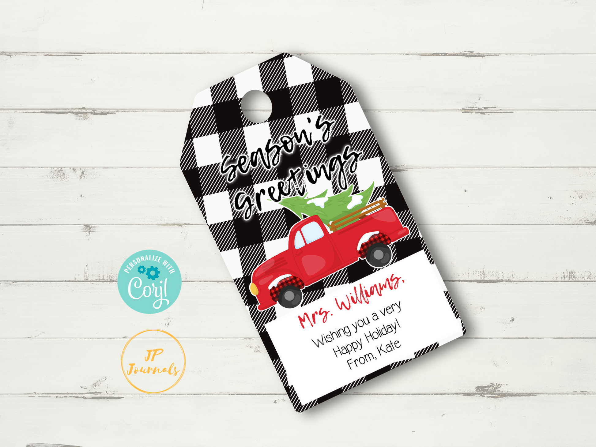 Printable Christmas Gift Tags Black White Buffalo Plaid with Red Truck