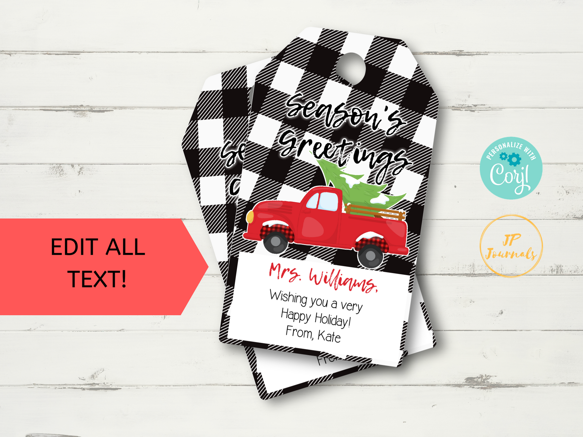 Printable Christmas Gift Tags Black White Buffalo Plaid with Red Truck