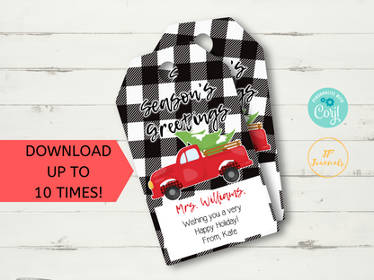 Printable Christmas Gift Tags - Black and White Buffalo Plaid with Red Truck - DIY Party Favor Treat Labels - Great for Teachers or Clients