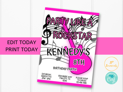 Printable Party Like a Rockstar Girl Birthday Party Invitation Template - Edit Online Print at Home - Guitar Music Rock Star Party Invite