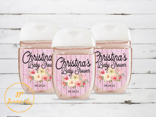 Pink Rustic Wood Floral Baby Shower Hand Sanitizer Bottle Sticker Labels, Custom Personalized Rustic Wood Pink Baby Girl Baby Shower Decor