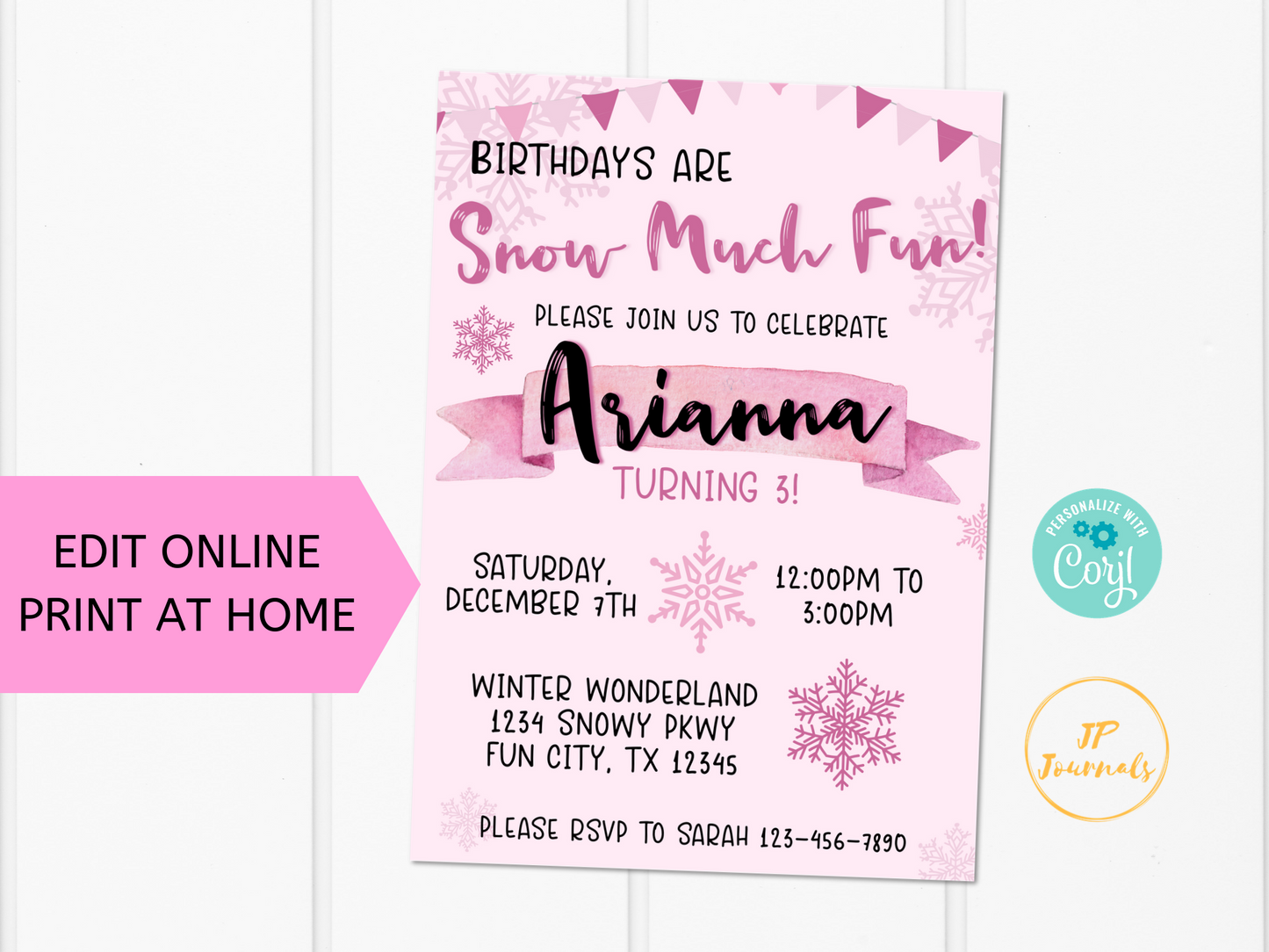 Snow Much Fun Birthday Party Invitation Template - Pink Winter Wonderland for Girls - Edit & Print - Printable Invitation - Cute Snowflakes