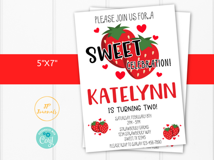 Editable Strawberry Birthday Party Invitation Template - DIY Printable Invite - Download, Edit and Print at Home! - Sweet Celebration