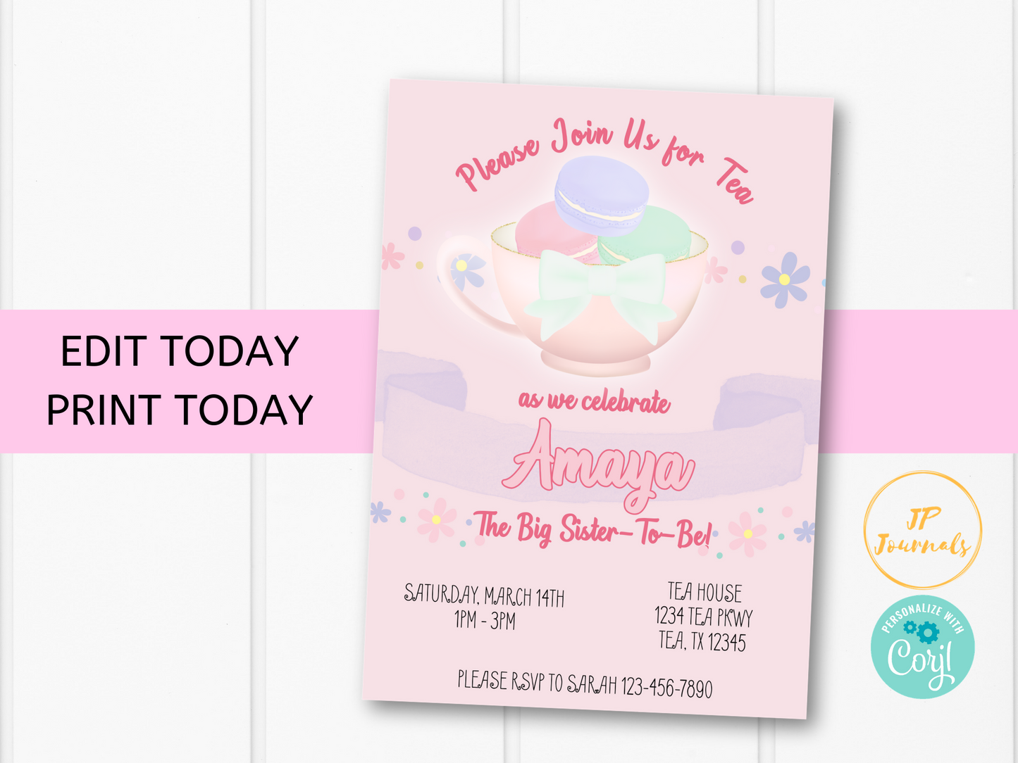 Big Sister Tea Party Invitation Template - Printable Invite - Edit and Print - Big Sister To Be Tea Party