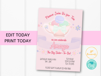 Big Sister Tea Party Invitation Template - Printable Invite - Edit and Print - Big Sister To Be Tea Party