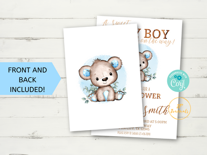 Teddy Bear Baby Shower Invitation Template - Edit & Print - Printable Editable Invite - Watercolor Baby Boy Blue Teddy Bear Greenery Leaves