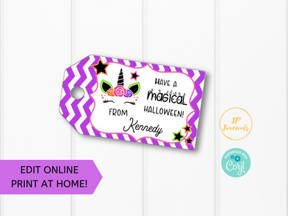 Happy Halloween Printable Tags for Girls - Magical Unicorn Gift Favor Labels