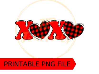 XOXO Valentine's Day PNG Clip Art Sublimation Design - DIY Printable Artwork Digital Download - Buffalo Plaid Print Heart