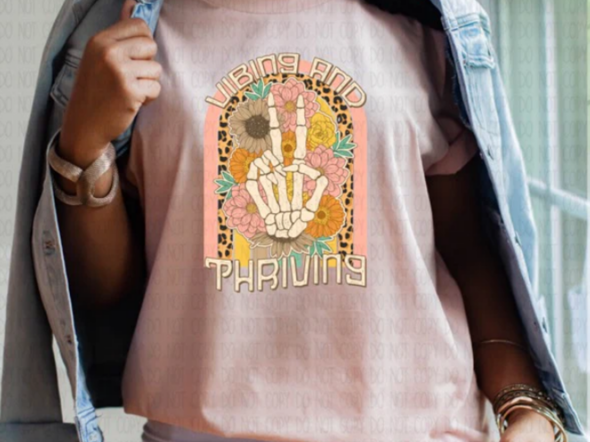 Vibing And Thriving Skeleton Peace Hand T-Shirt