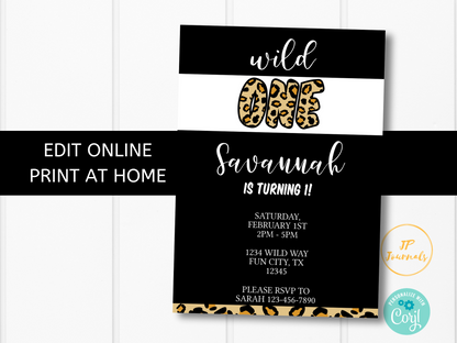 Wild One Birthday Party Invitation Template - Cheetah Leopard Print First Birthday Party for Girls - Edit & Print - Printable Invitation