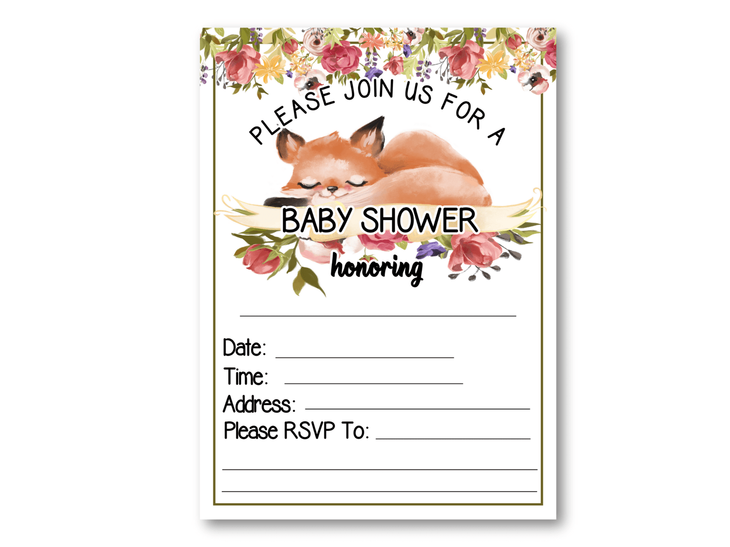 Woodland Fox Baby Shower Invitations - 15 Invites + 15 Envelopes