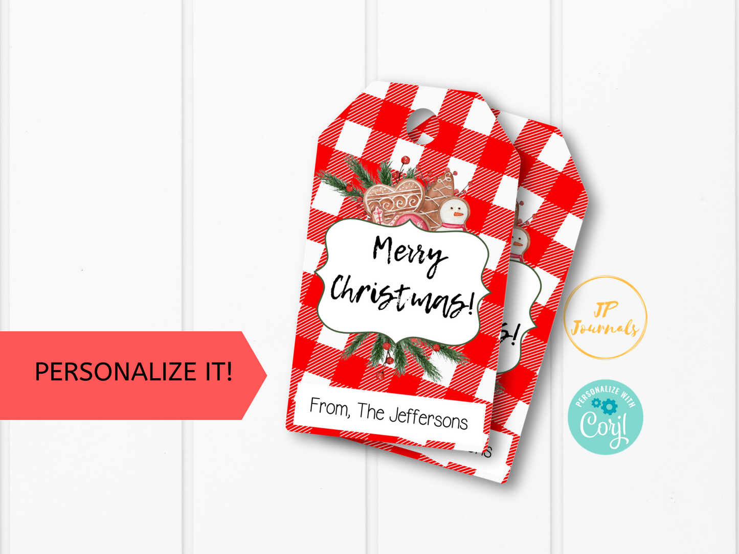 Merry Christmas Printable Tags - Holiday Cookie Gift Favor Labels - Personalized - Red Buffalo Plaid and Holly Berry - Happy Holidays